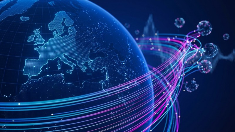 A digital globe centred on Europe, wrapped in glowing data streams.